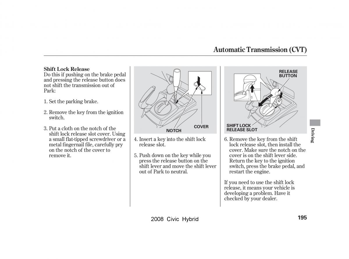 Honda Civic Hybrid VIII 8 owners manual / page 198