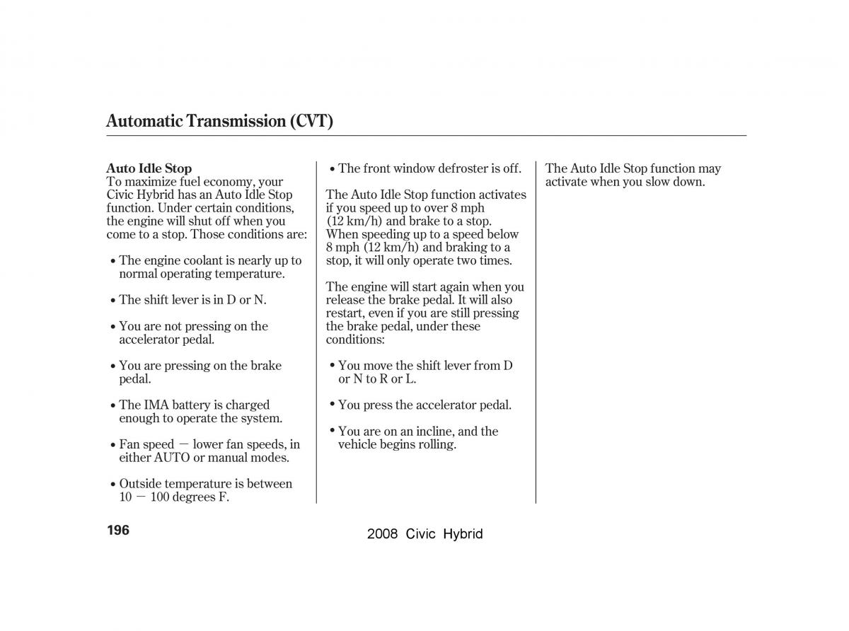 Honda Civic Hybrid VIII 8 owners manual / page 199