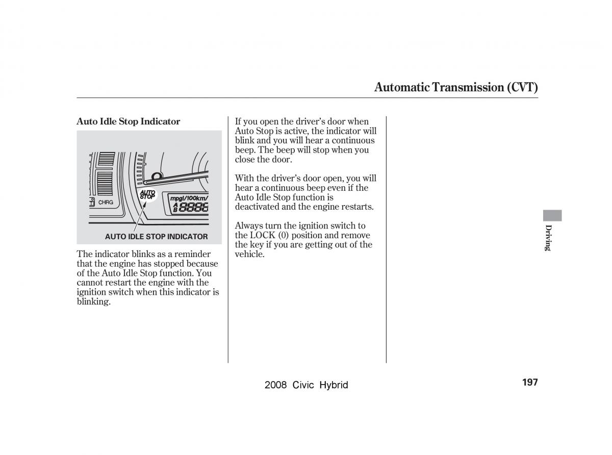 Honda Civic Hybrid VIII 8 owners manual / page 200