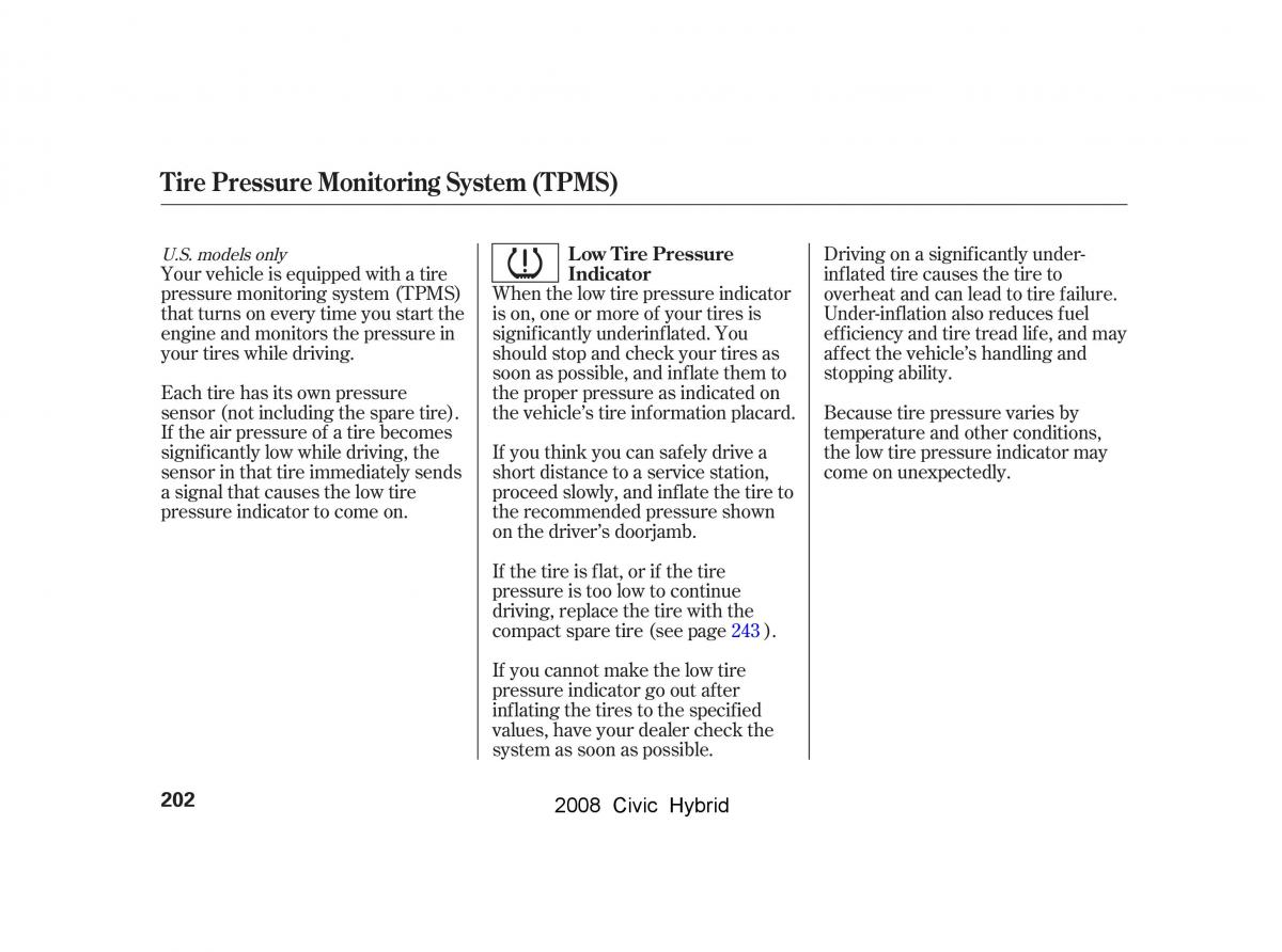 Honda Civic Hybrid VIII 8 owners manual / page 205