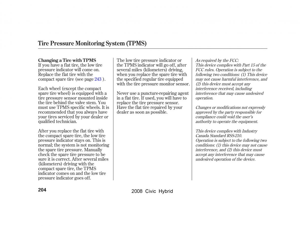 Honda Civic Hybrid VIII 8 owners manual / page 207