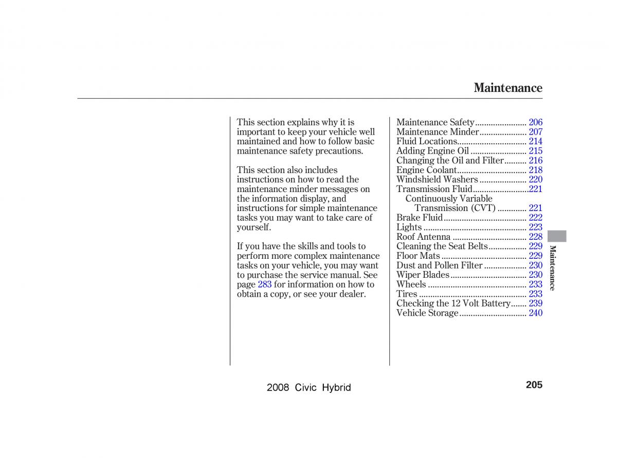 Honda Civic Hybrid VIII 8 owners manual / page 208