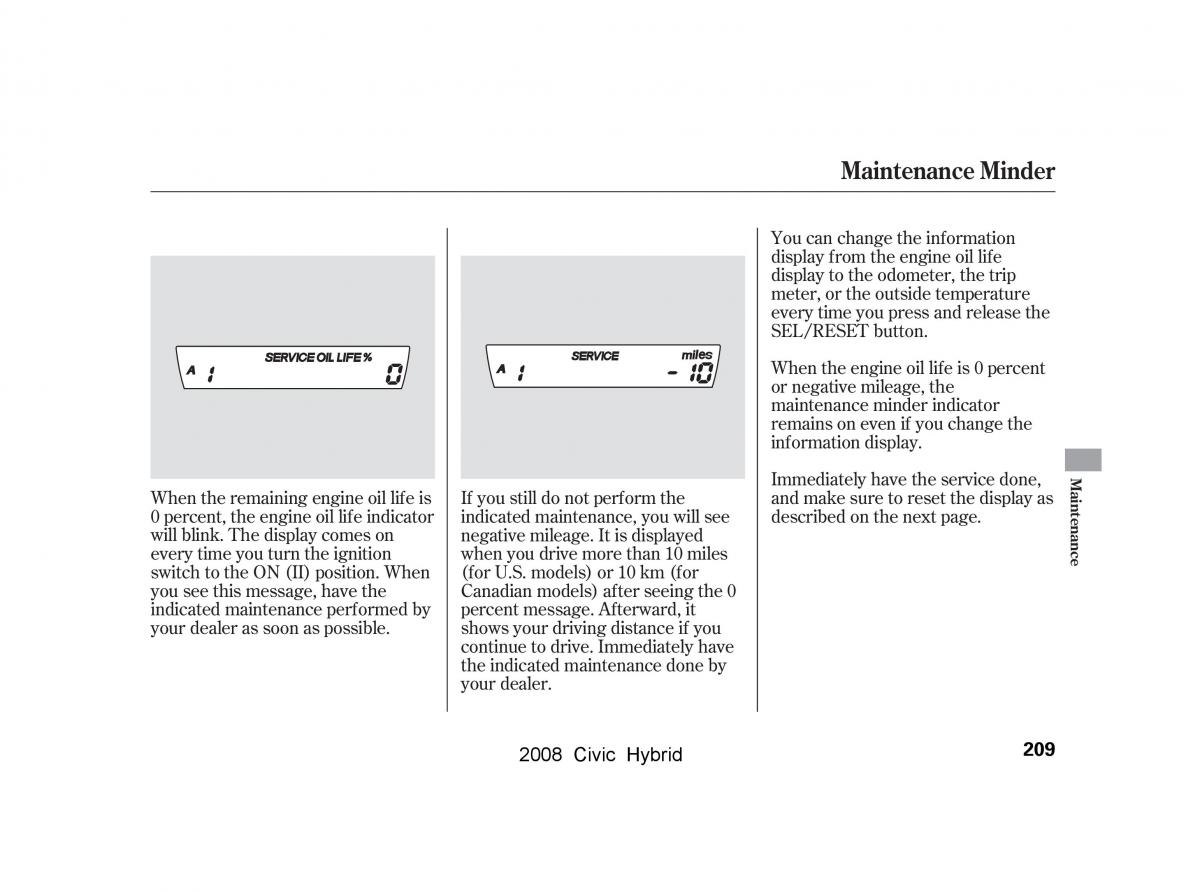 Honda Civic Hybrid VIII 8 owners manual / page 212