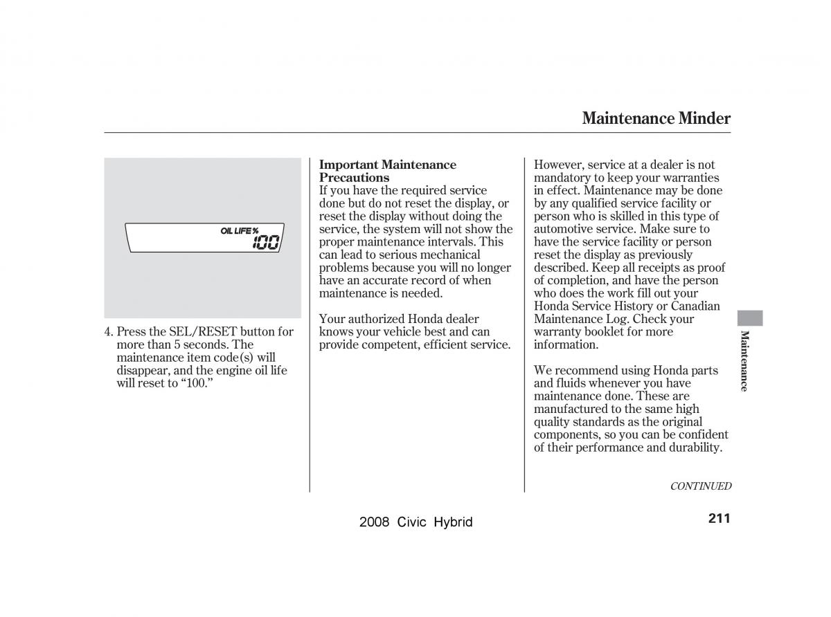 Honda Civic Hybrid VIII 8 owners manual / page 214