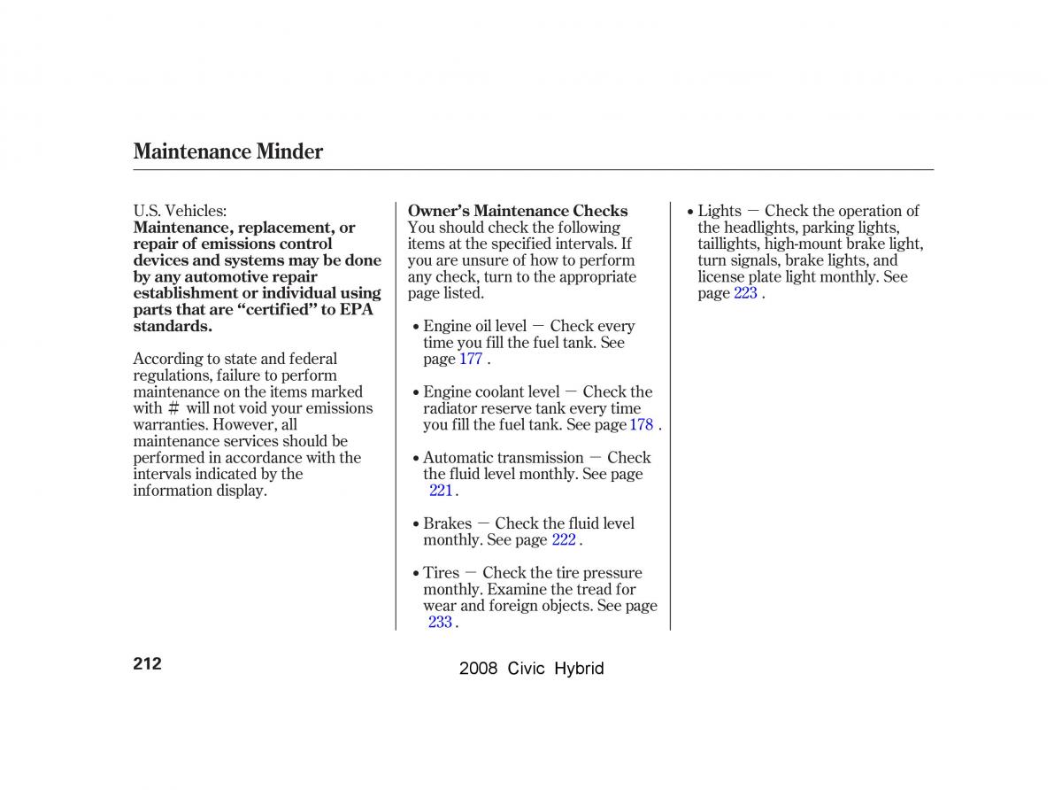 Honda Civic Hybrid VIII 8 owners manual / page 215