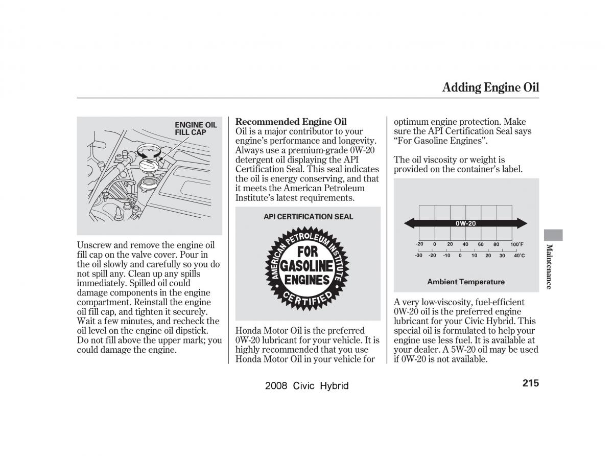 Honda Civic Hybrid VIII 8 owners manual / page 218