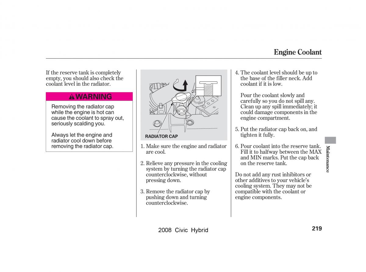 Honda Civic Hybrid VIII 8 owners manual / page 222