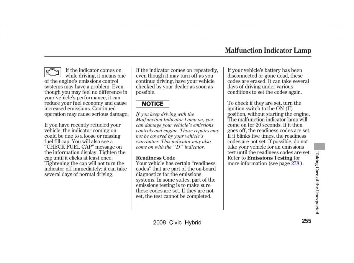 Honda Civic Hybrid VIII 8 owners manual / page 258