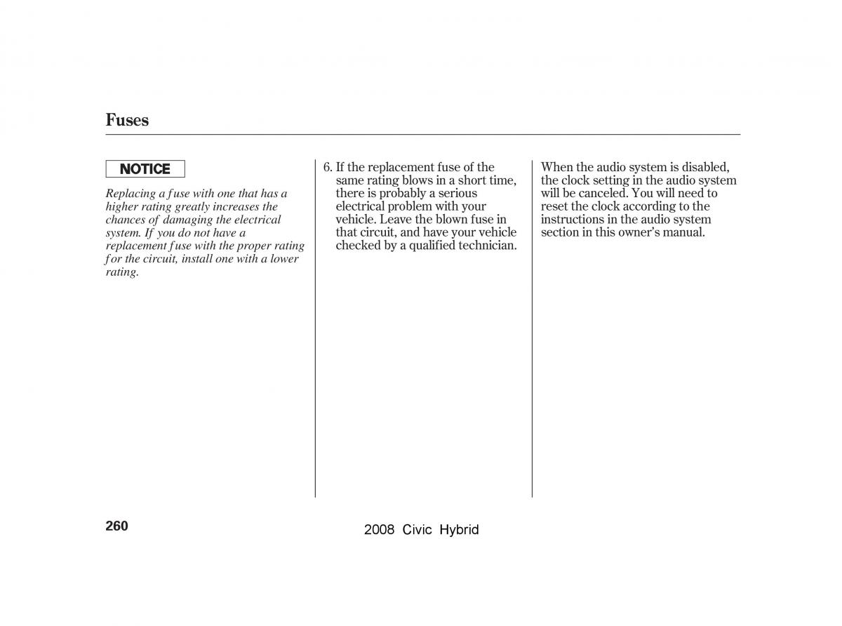 Honda Civic Hybrid VIII 8 owners manual / page 263