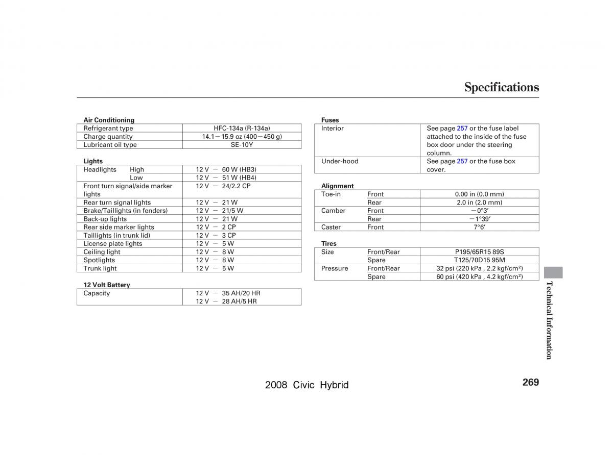 Honda Civic Hybrid VIII 8 owners manual / page 272