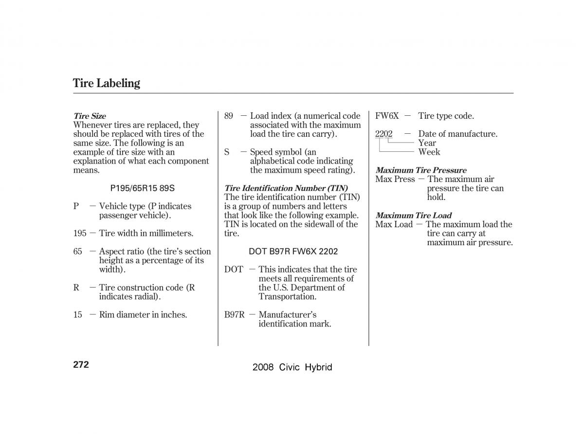 Honda Civic Hybrid VIII 8 owners manual / page 275