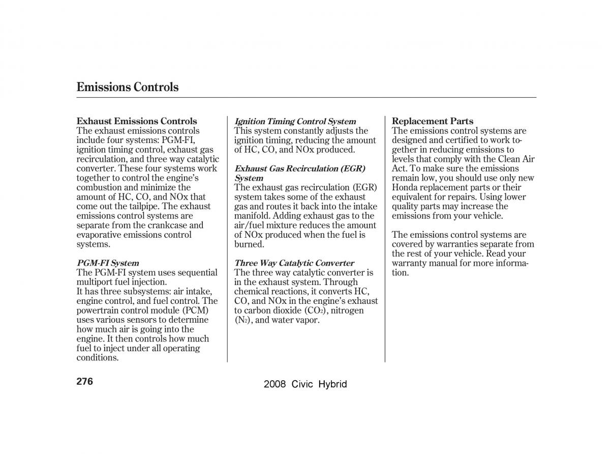 Honda Civic Hybrid VIII 8 owners manual / page 279