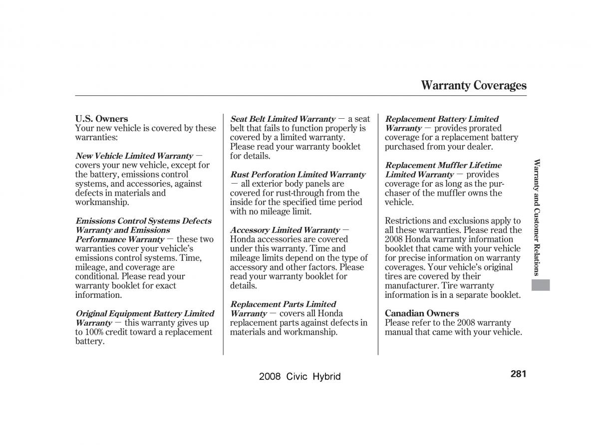 Honda Civic Hybrid VIII 8 owners manual / page 284