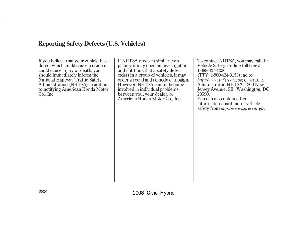 Honda Civic Hybrid VIII 8 owners manual / page 285