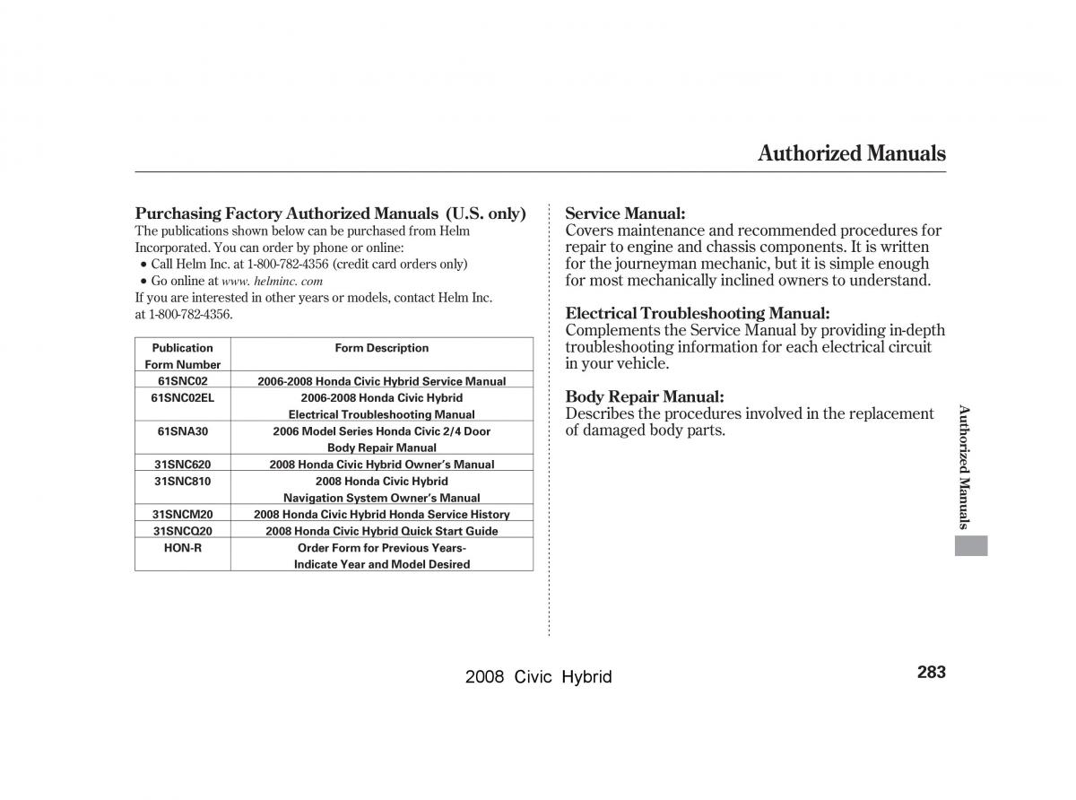 Honda Civic Hybrid VIII 8 owners manual / page 286