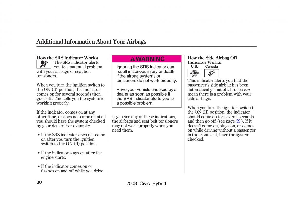 Honda Civic Hybrid VIII 8 owners manual / page 33