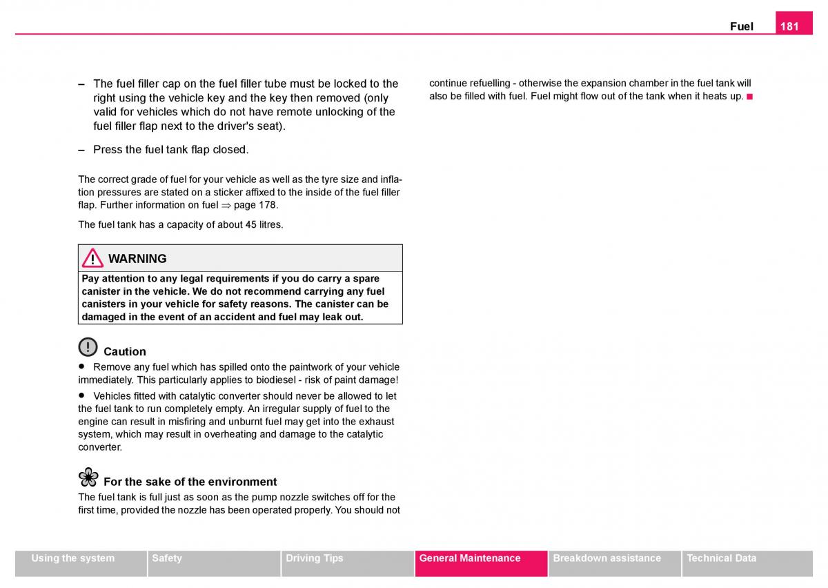 Skoda Fabia I 1 owners manual / page 182