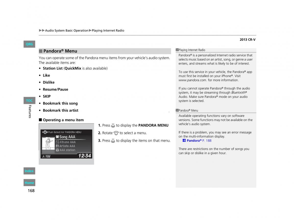 Honda CR V IV 4 owners manual / page 169