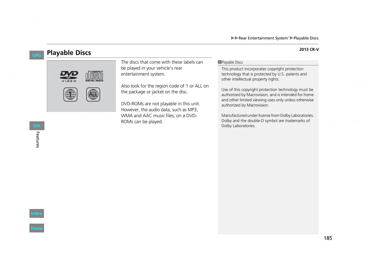 Honda CR V IV 4 owners manual / page 186