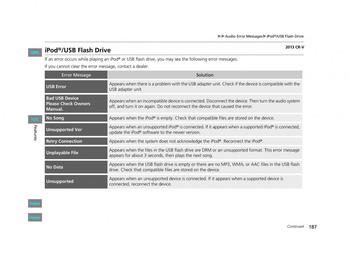 Honda CR V IV 4 owners manual / page 188