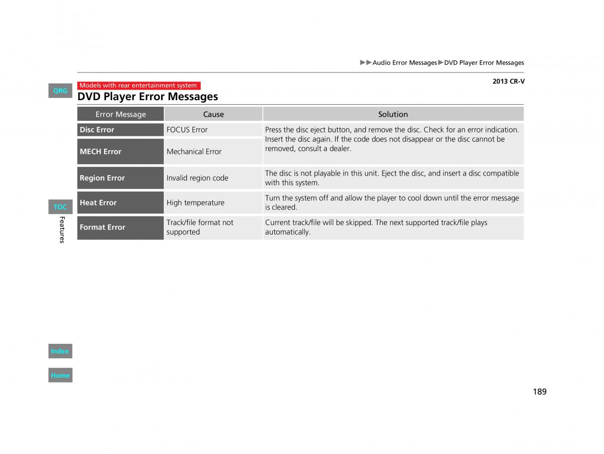 Honda CR V IV 4 owners manual / page 190