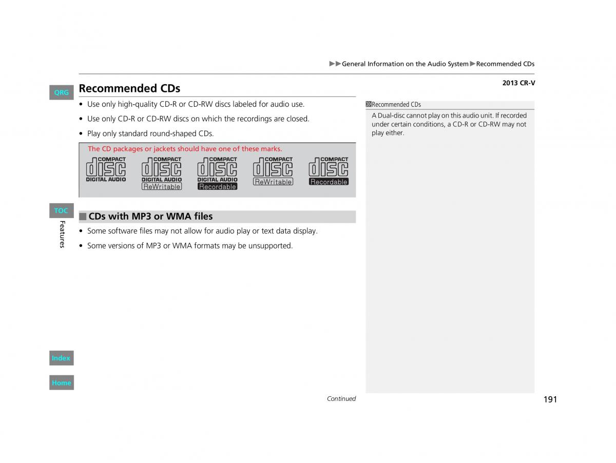 Honda CR V IV 4 owners manual / page 192