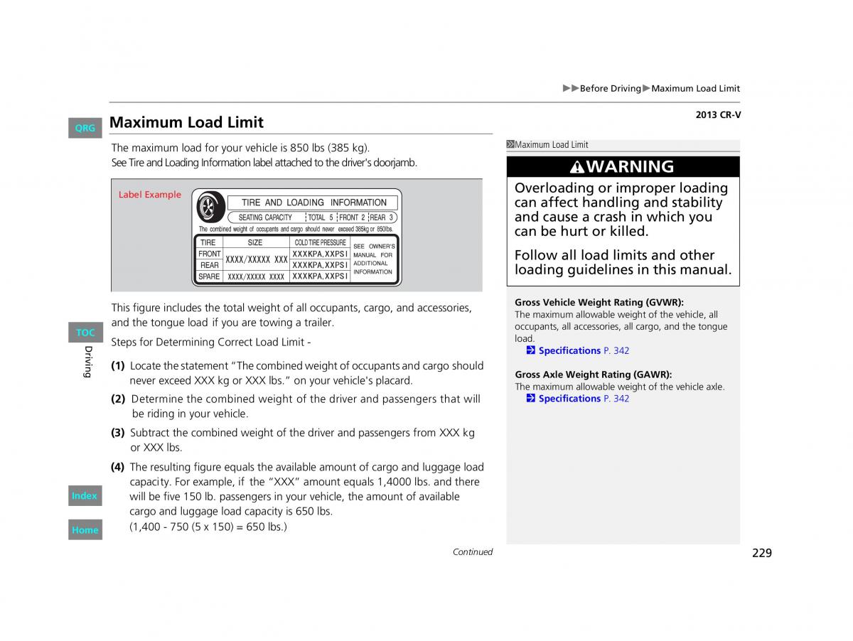 Honda CR V IV 4 owners manual / page 230