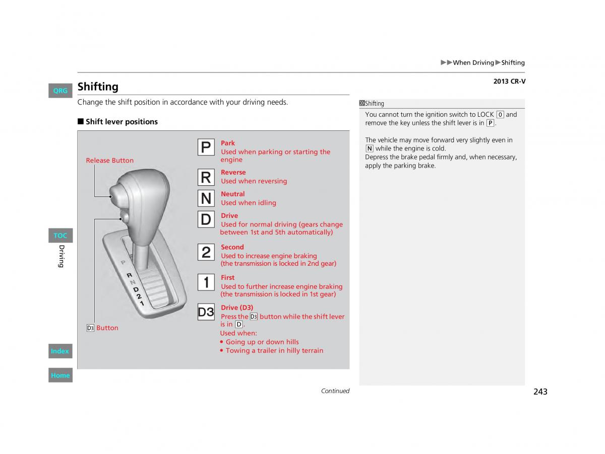 Honda CR V IV 4 owners manual / page 244