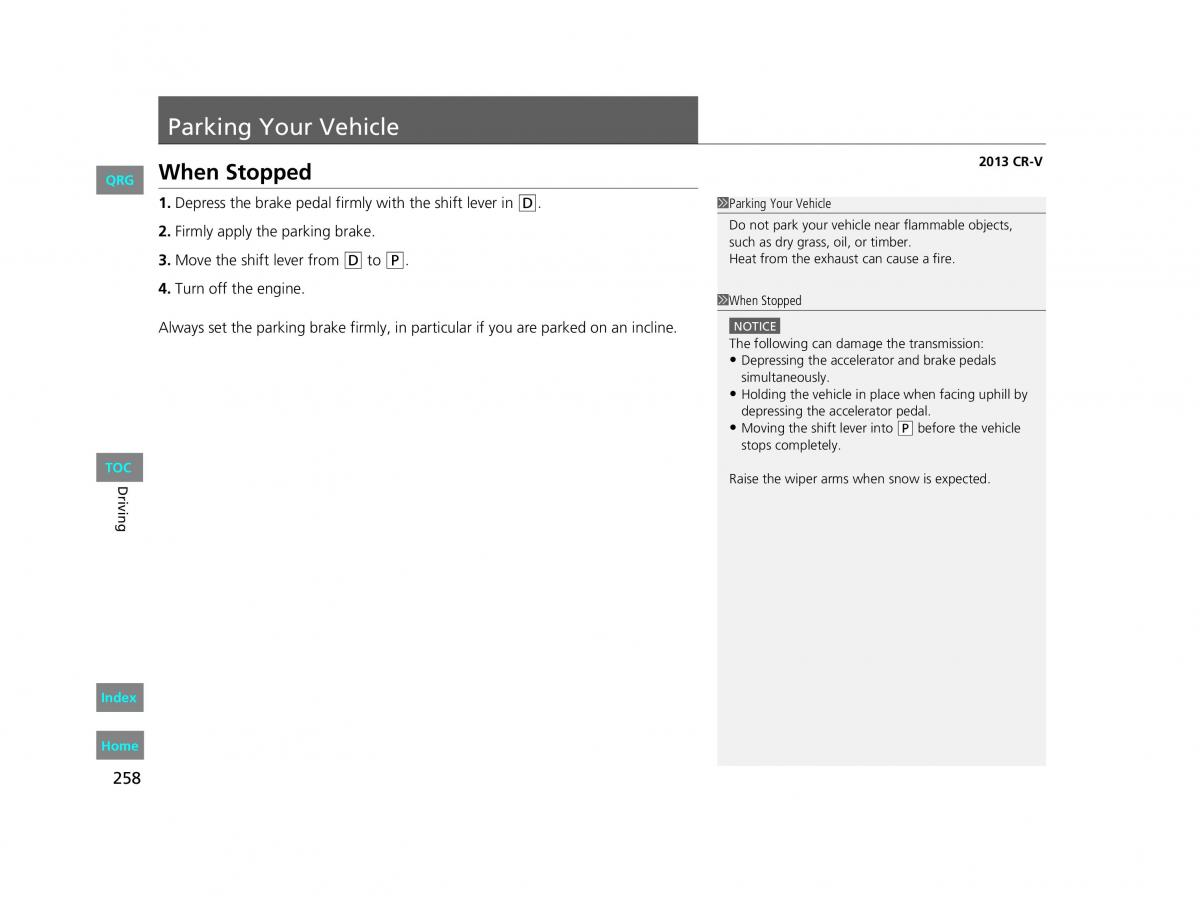 Honda CR V IV 4 owners manual / page 259