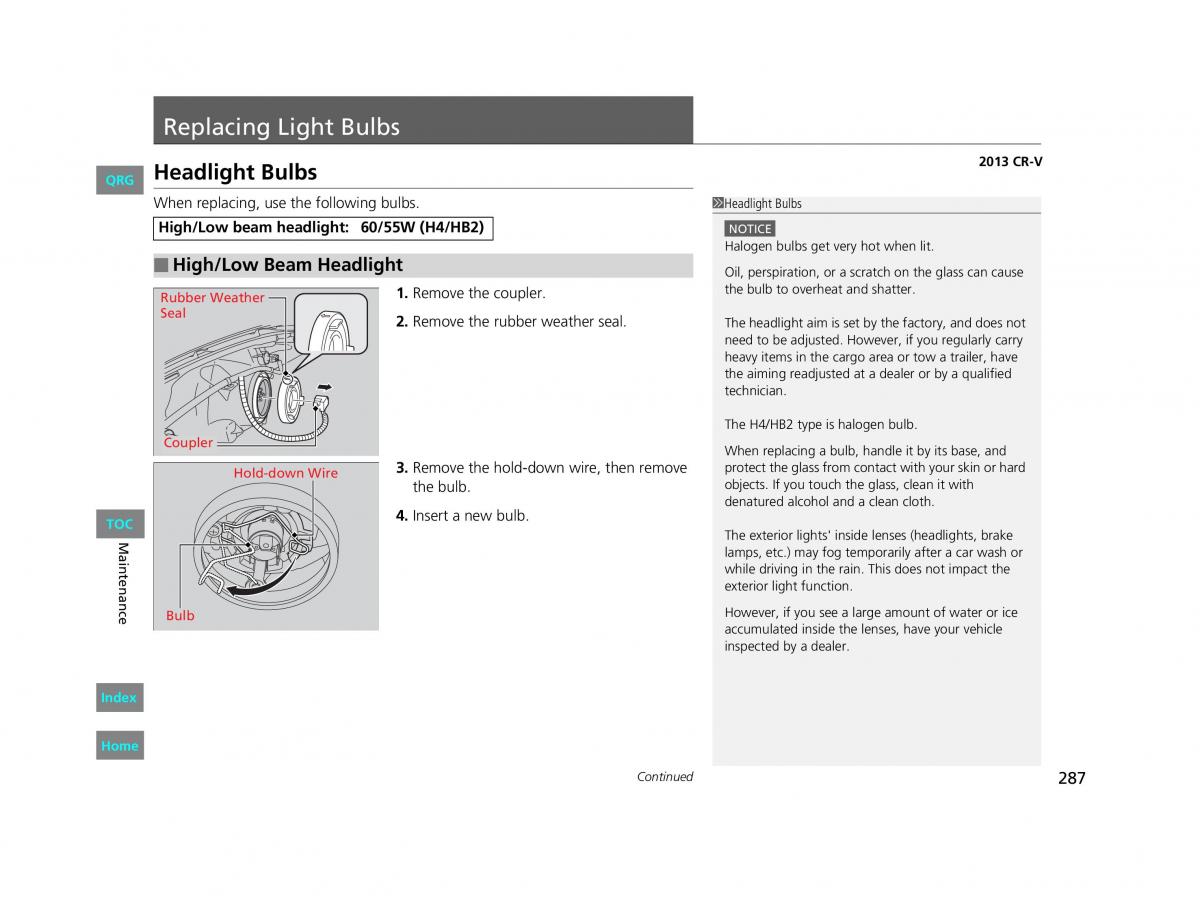 Honda CR V IV 4 owners manual / page 288