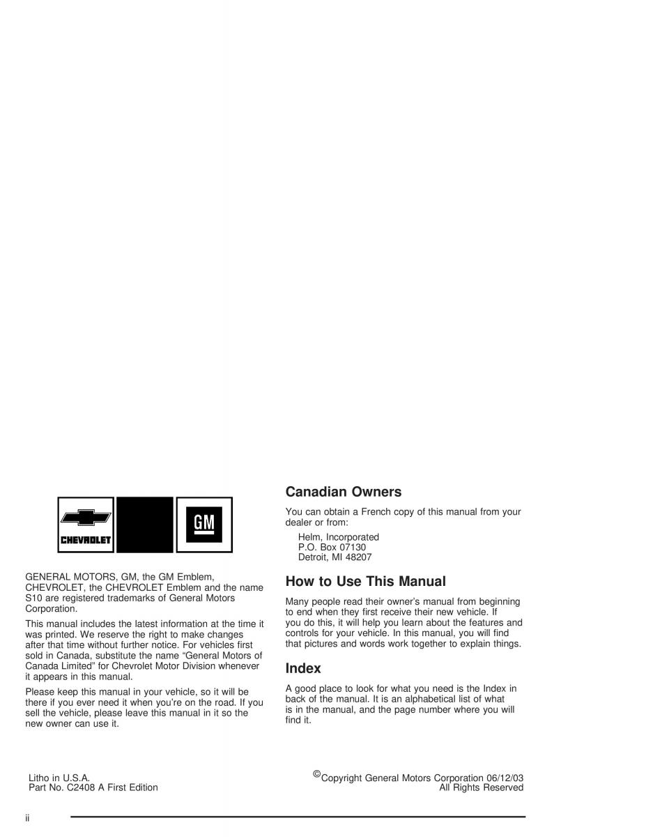 Chevrolet S 10 owners manual / page 2