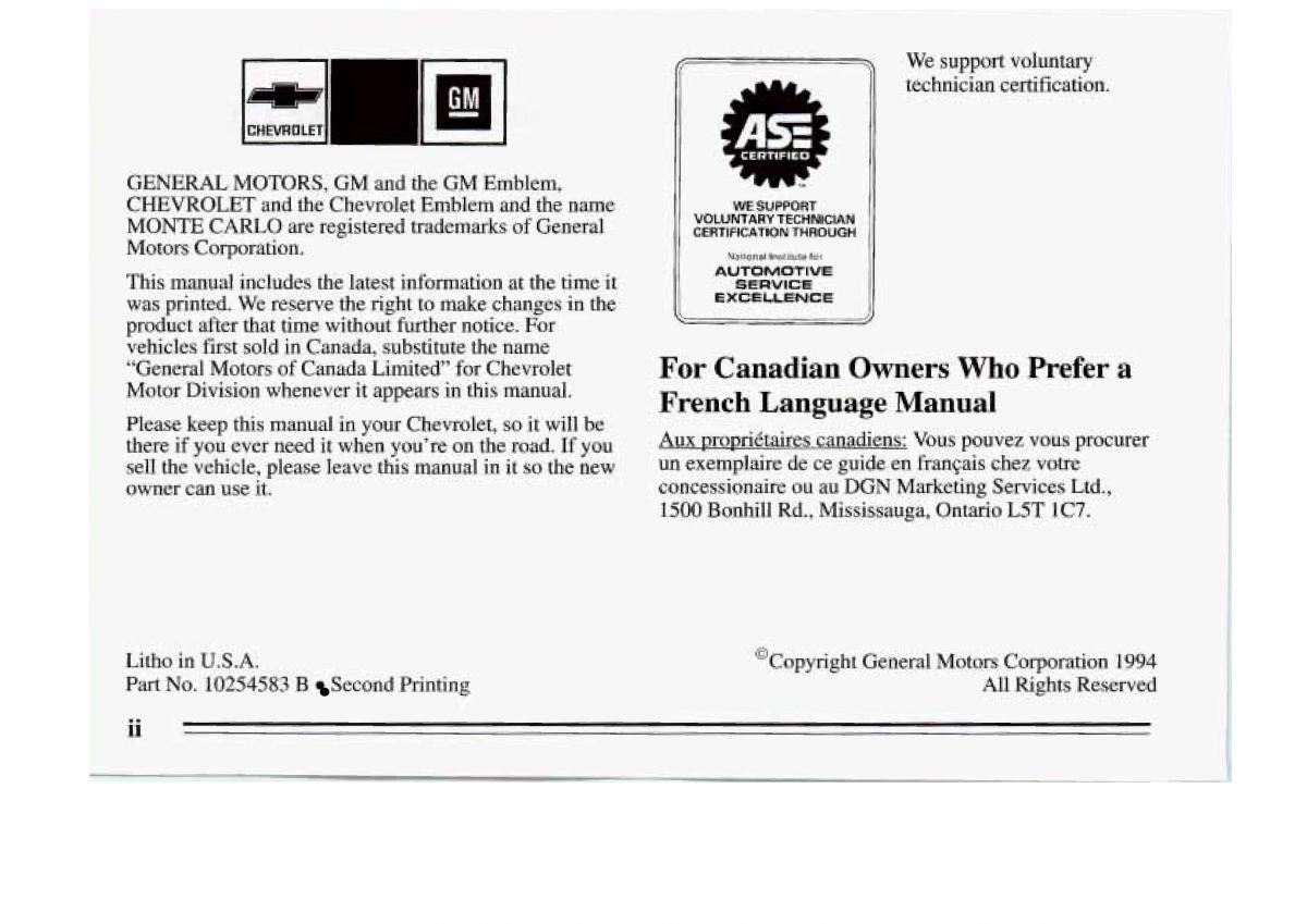 Chevrolet Monte Carlo V 5 owners manual / page 4