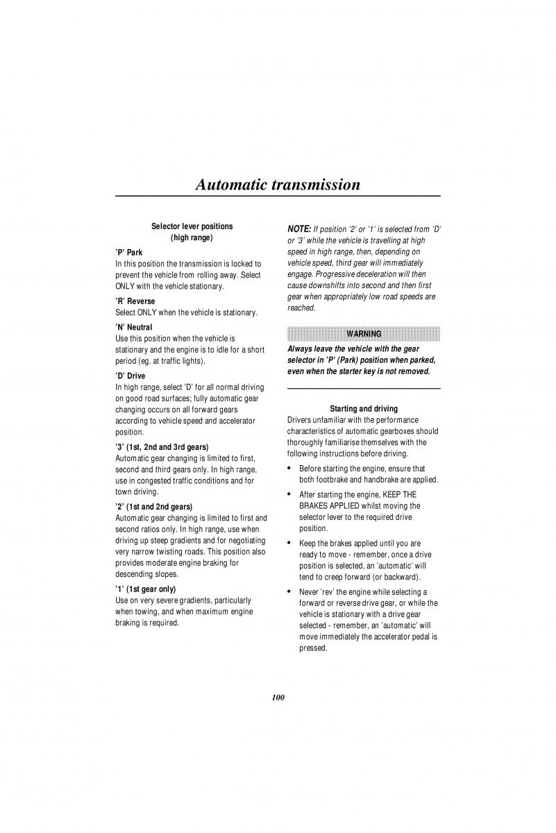 Land Rover Range Rover II 2 P38A owners manual / page 102