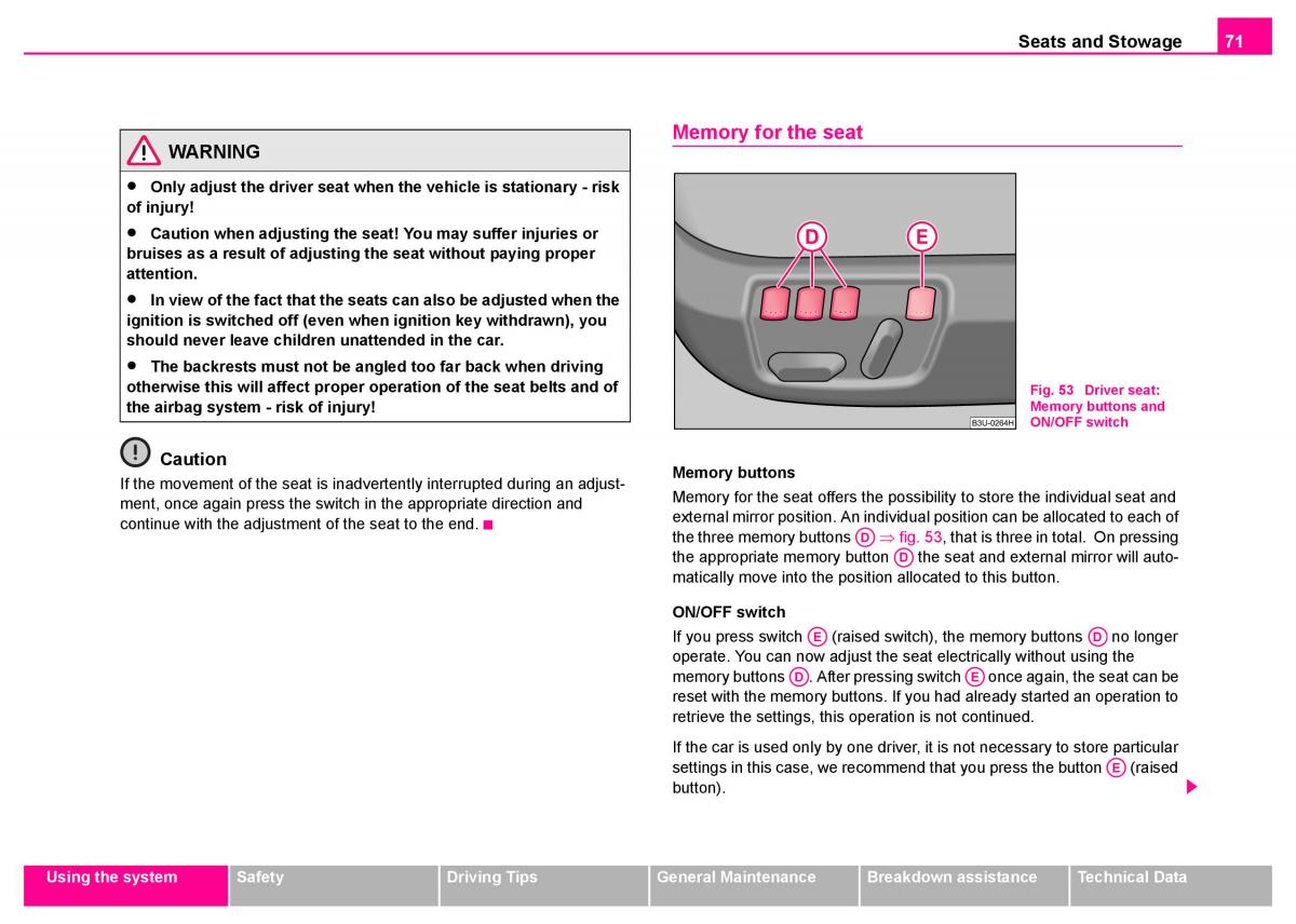 manual  Skoda Superb I 1 owners manual / page 72