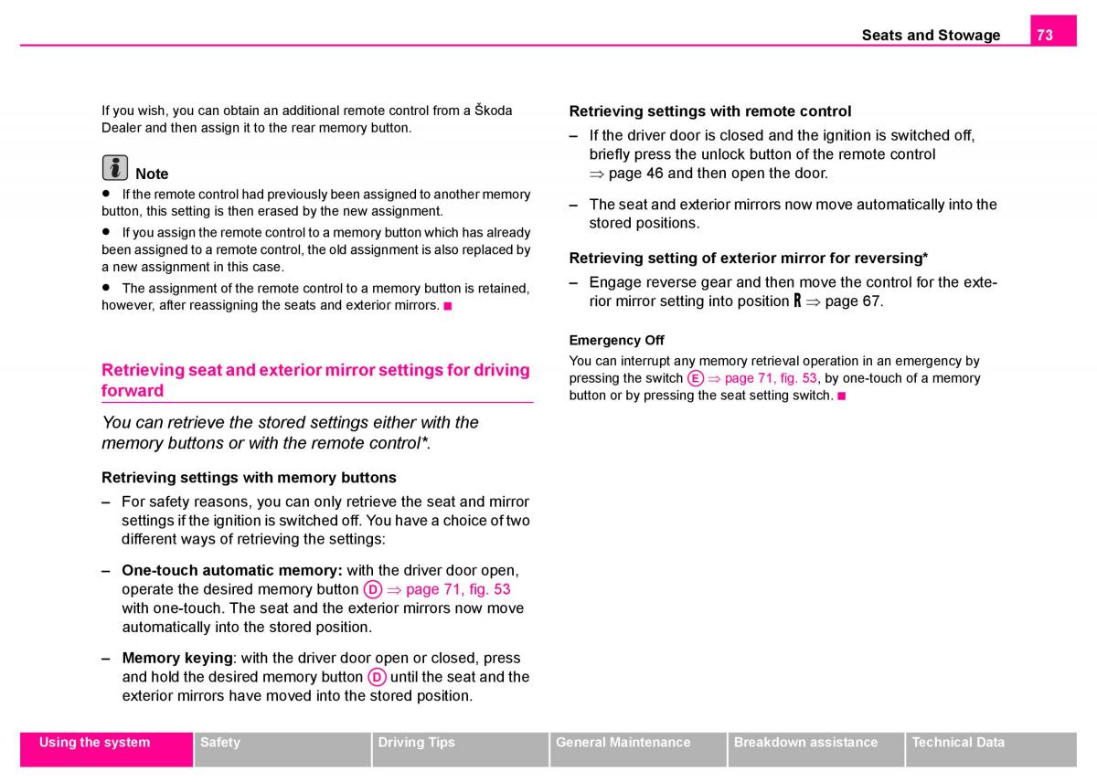 manual  Skoda Superb I 1 owners manual / page 74