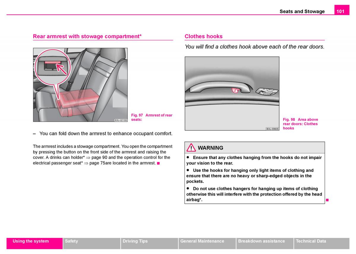 manual  Skoda Superb I 1 owners manual / page 102