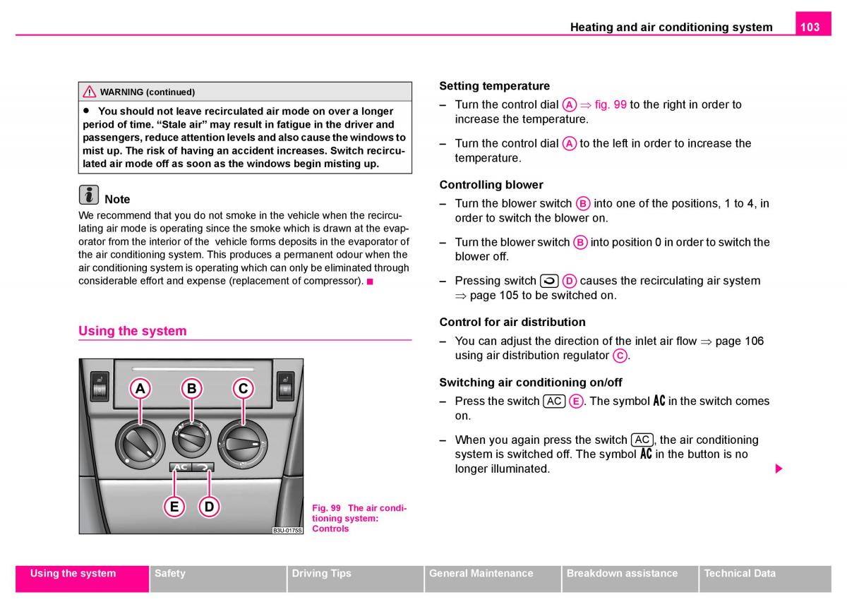 manual  Skoda Superb I 1 owners manual / page 104