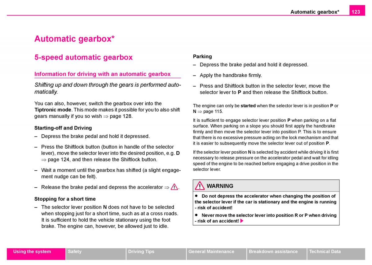 manual  Skoda Superb I 1 owners manual / page 124