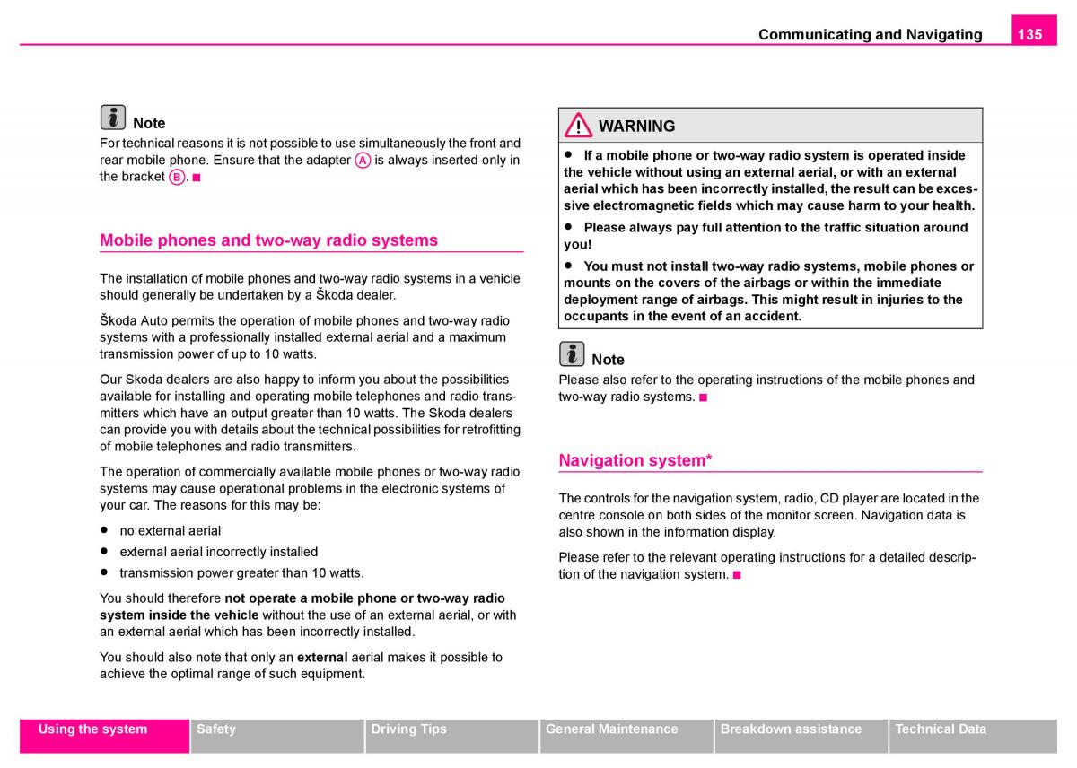 manual  Skoda Superb I 1 owners manual / page 136