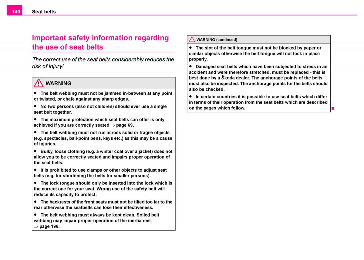 manual  Skoda Superb I 1 owners manual / page 141