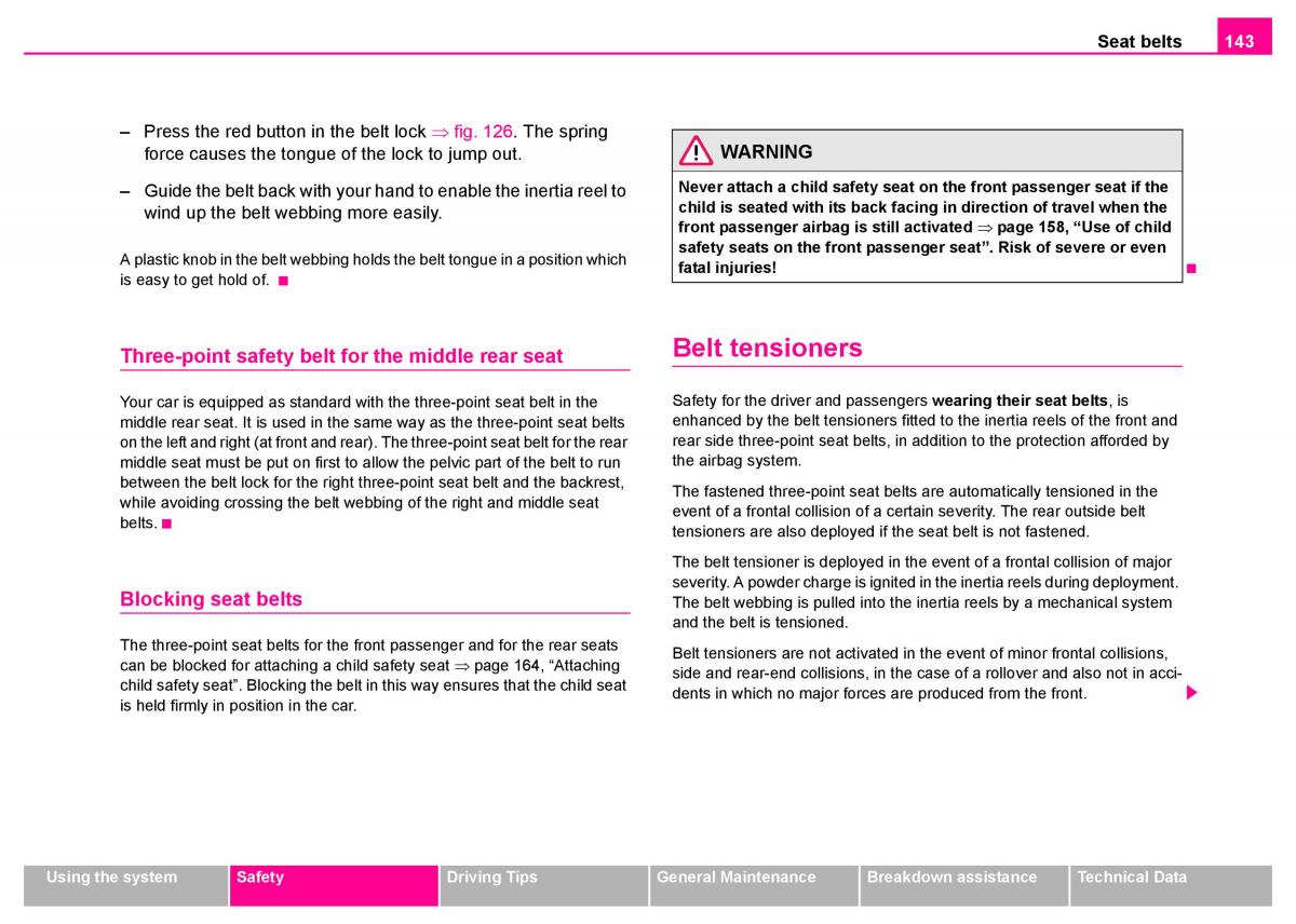 manual  Skoda Superb I 1 owners manual / page 144