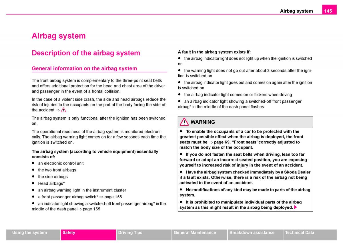 manual  Skoda Superb I 1 owners manual / page 146