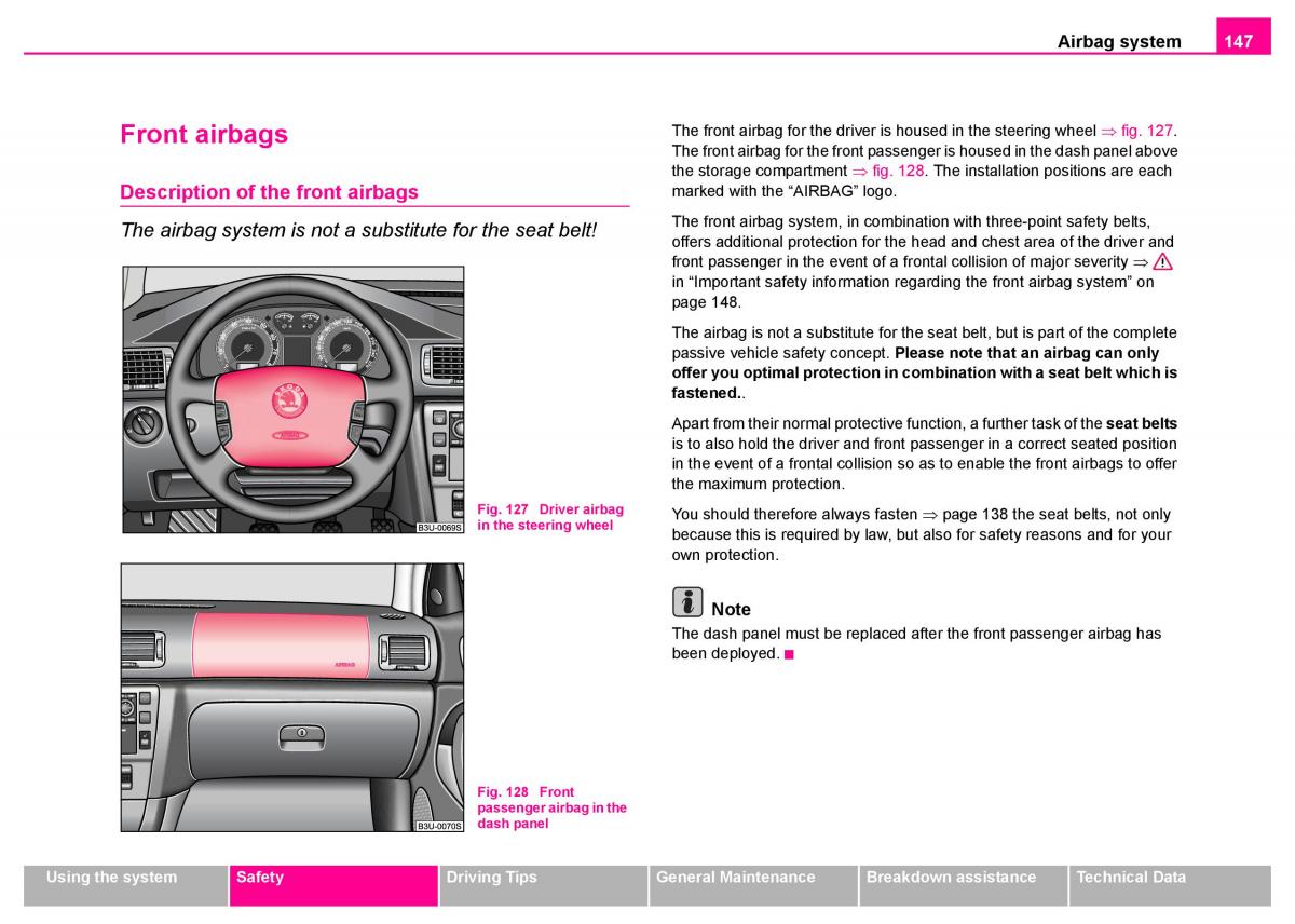 manual  Skoda Superb I 1 owners manual / page 148