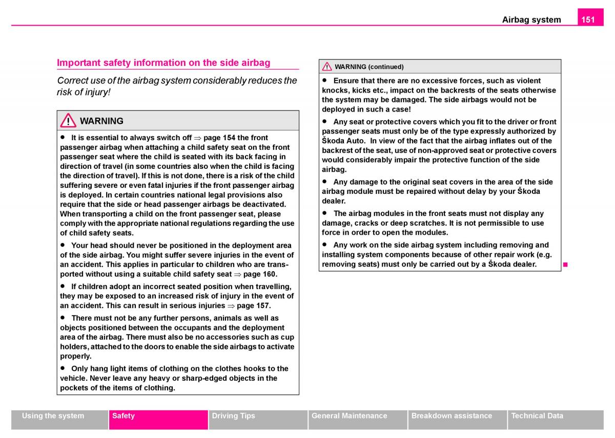 manual  Skoda Superb I 1 owners manual / page 152