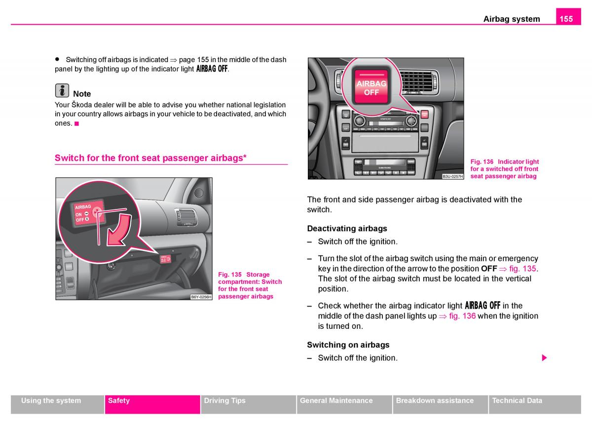 manual  Skoda Superb I 1 owners manual / page 156