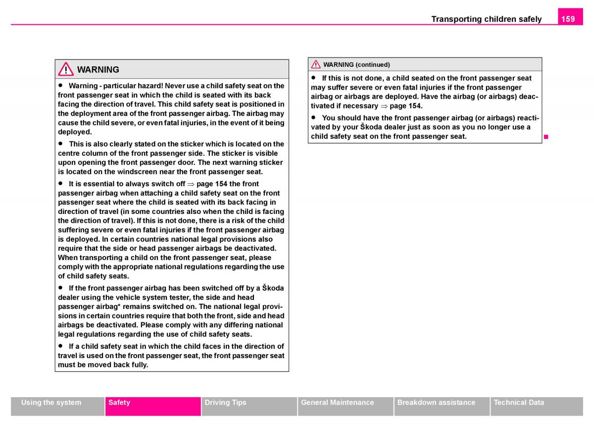 manual  Skoda Superb I 1 owners manual / page 160