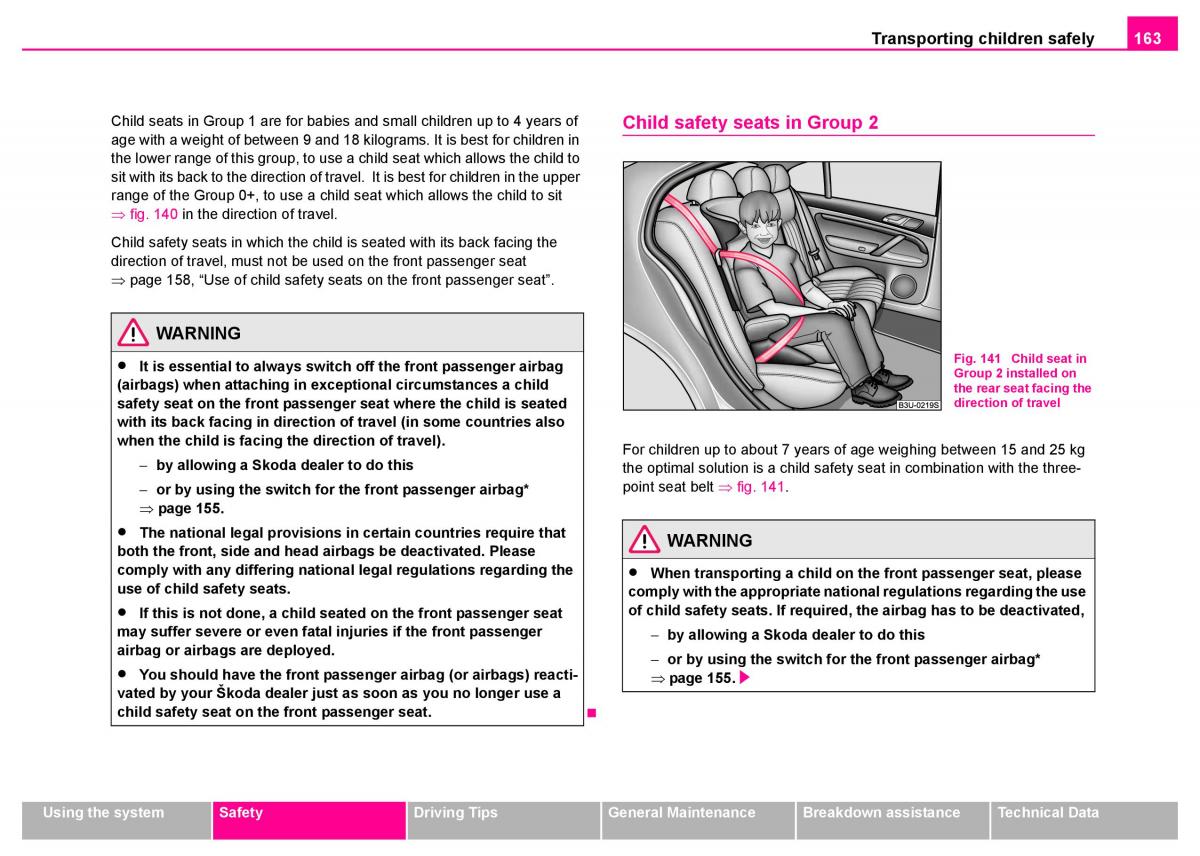 manual  Skoda Superb I 1 owners manual / page 164