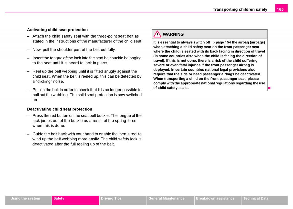 manual  Skoda Superb I 1 owners manual / page 166