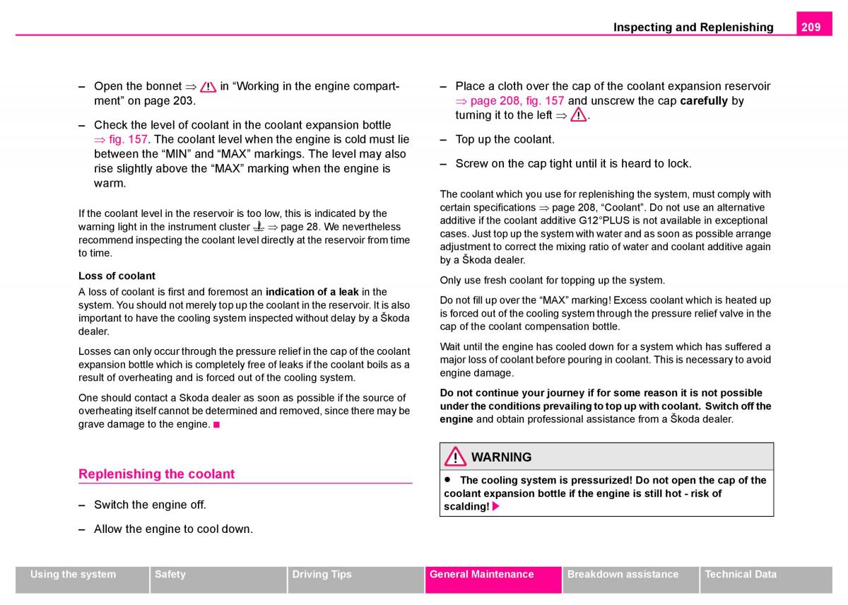 manual  Skoda Superb I 1 owners manual / page 210