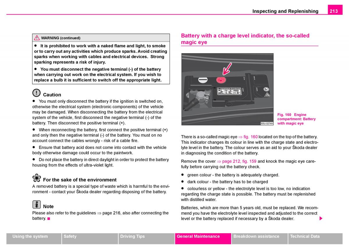 manual  Skoda Superb I 1 owners manual / page 214